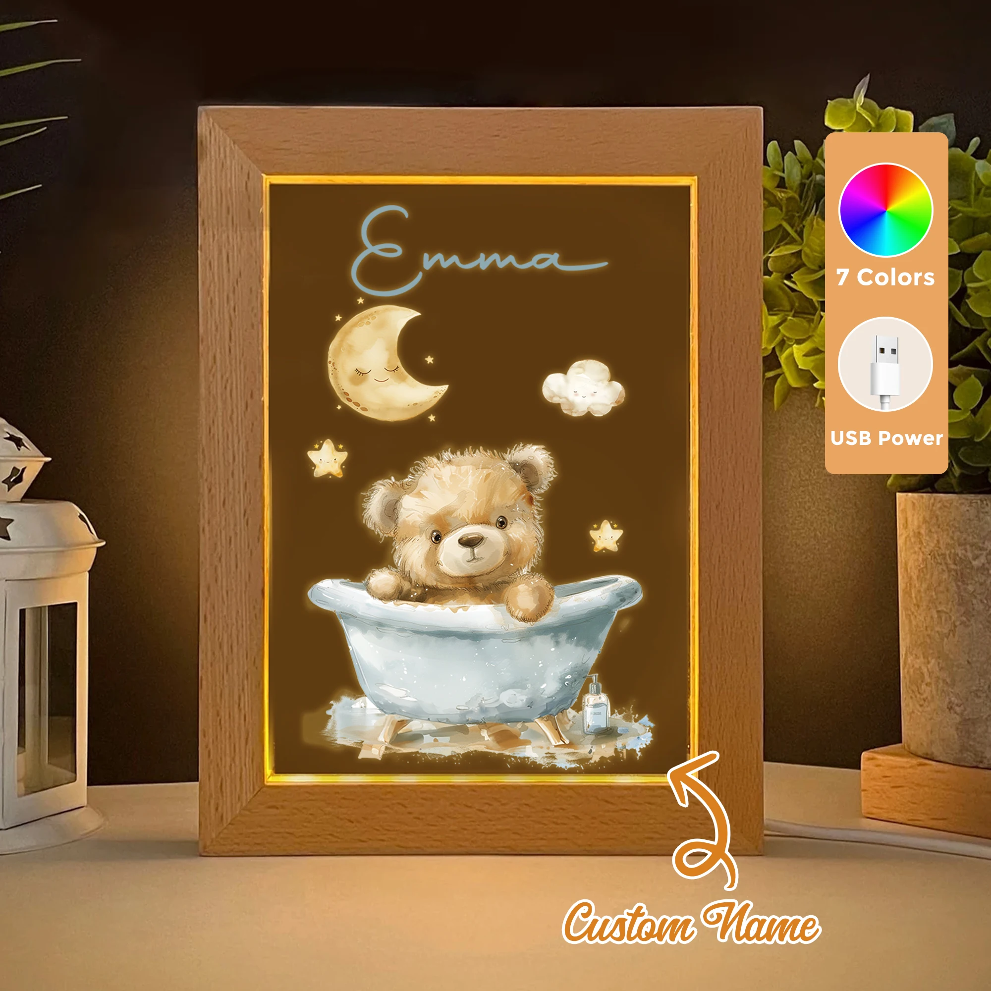 

2D Flat Custom Name Bear Bath LED Acrylic Night Light Wood Photo Frame 21x17cm Cartoon Children Bedroom Gifts Home Decor