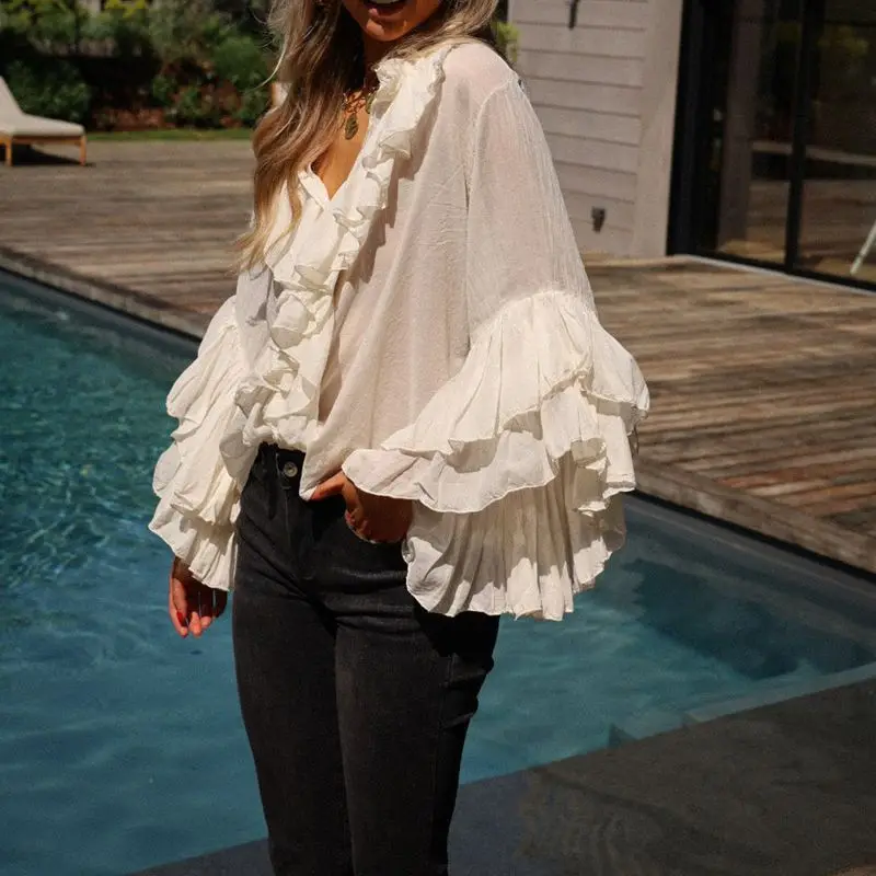 

Combhasaki женские шикарные многослойные прозрачные блузки с рюшами повседневные свободные однотонные рубашки на пуговицах с v-образным вырезом и длинными рукавами топ уличная одежда