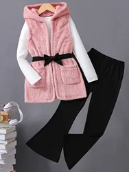 Autumn winter children's girls three-piece set pit strip long sleeve slim horn trousers sleeveless hooded coat bow waist fashion