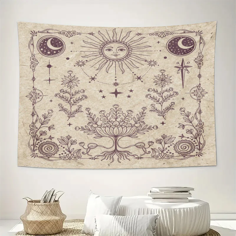 Bohemian Celestial Tapestry Wall Hanging Zodiac Sun Moon Cosmic Tree of Life Boho Mystic Astrology Poster Home Decor Artwork