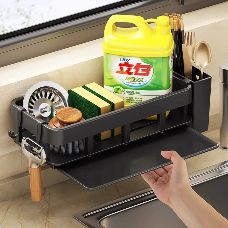No punching kitchen sink rack household multi-functional drain rack wall-mounted storage