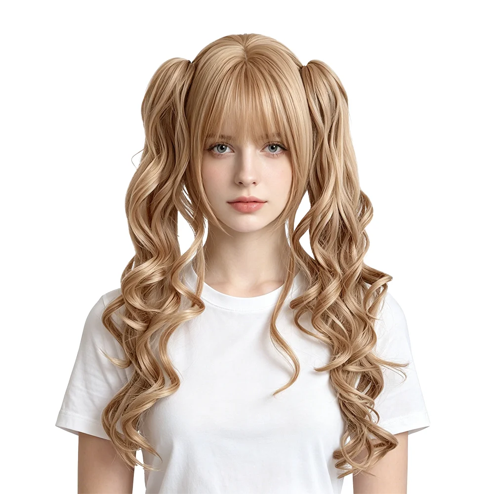 Light Golden Blonde Lolita Cosplay Wig Long Curly Clip on Double Ponytail with Bangs Heat Resistant Synthetic Wig Daily Party