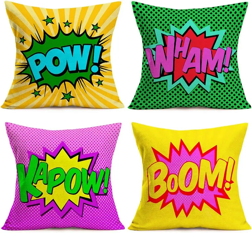 

Set of 4 Super Hero Quote Throw Pillow Case Cushion Cover Comic Book Exclamation Pattern Decorative Square Pillowcase Best Gift