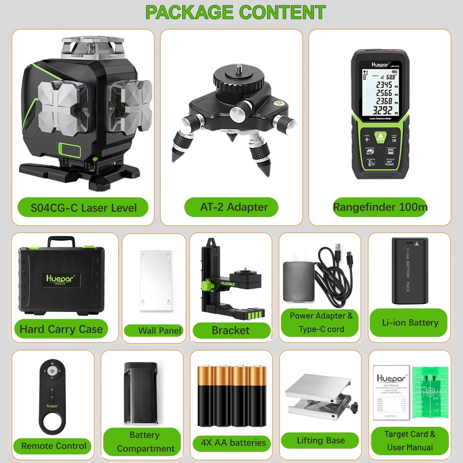 Huepar S04CG 16 Lijnen 4D Kruislijnlaser Waterpas LCD Scherm Bluetooth Afstandsbediening Groene Laser Gereedschap Met Adapter & Afstandsmeter