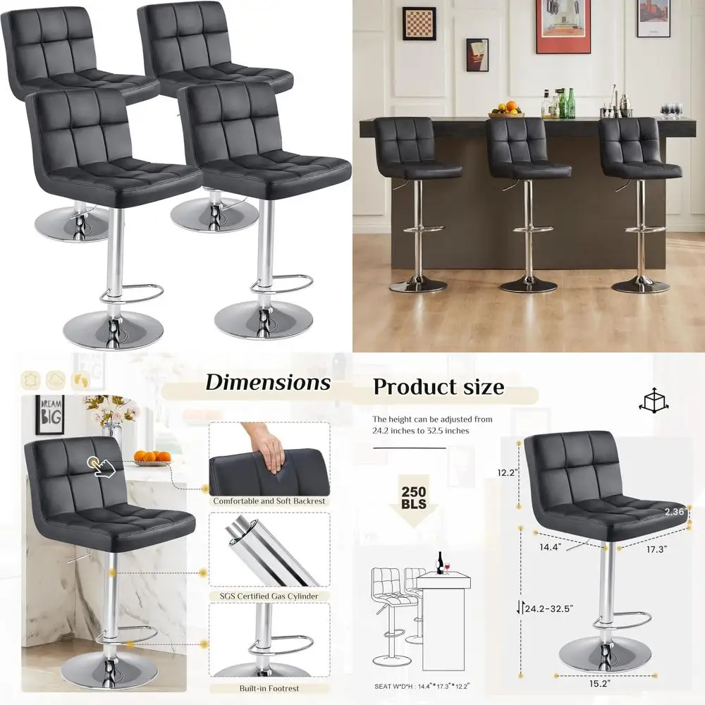 

Set of 4, 24 Counter Height Bar Stools, Upholstered for Modern Kitchen, Metal Base, PU Leather, Black