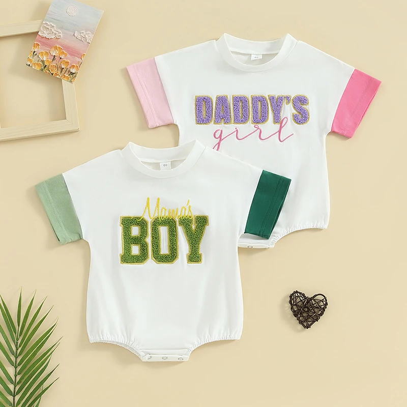 

2023-11-24 Lioraitiin 0-18M Summer Baby Boys Girls Rompers Contrast Color Short Sleeve Letter Embroidery Jumpsuit Infant Clothes