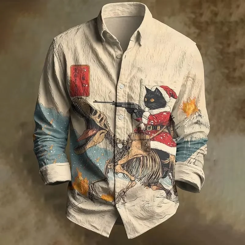Men's Egyptian Cat DJ UFO Art Print Shirt Japan Style Clothes Harajuku Korean Long Sleeve Retro Old School Streetwear Male Tops﻿