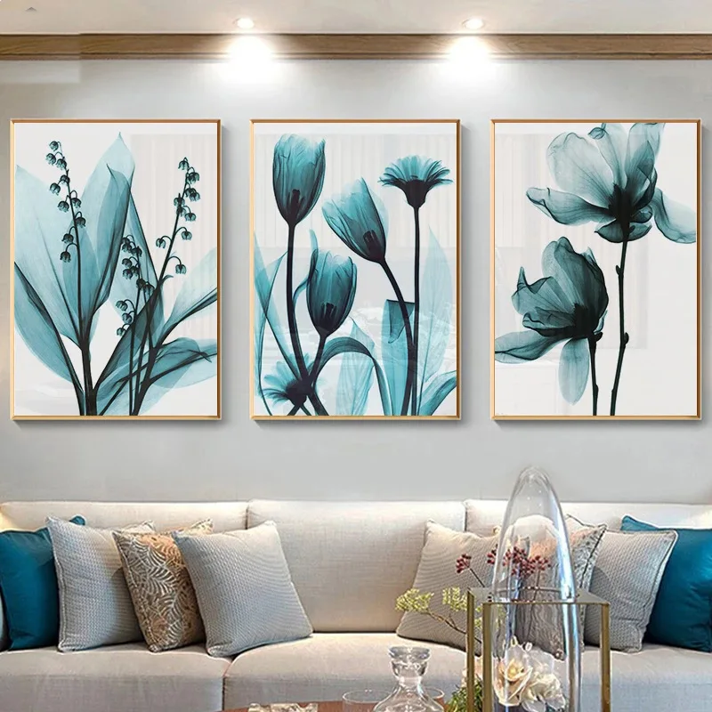 Modern simple Nordic style blue watercolor flower living room hanging painting bedroom poster canvas decorative painting core