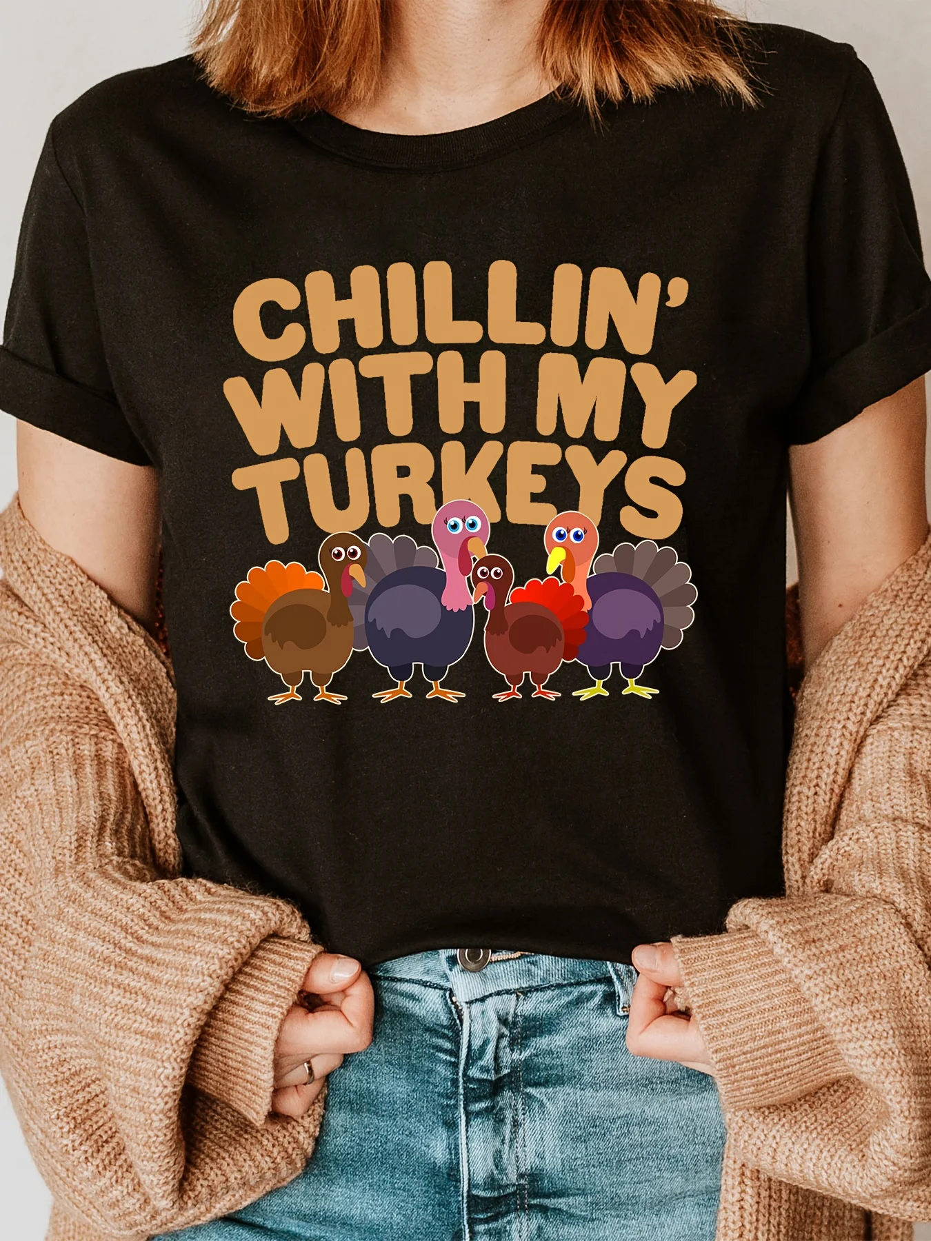 Women Crew Neck T‑Shirt, Thanksgiving Day Graphic Short Sleeve Tee, Casual Holiday Daily Wear Top