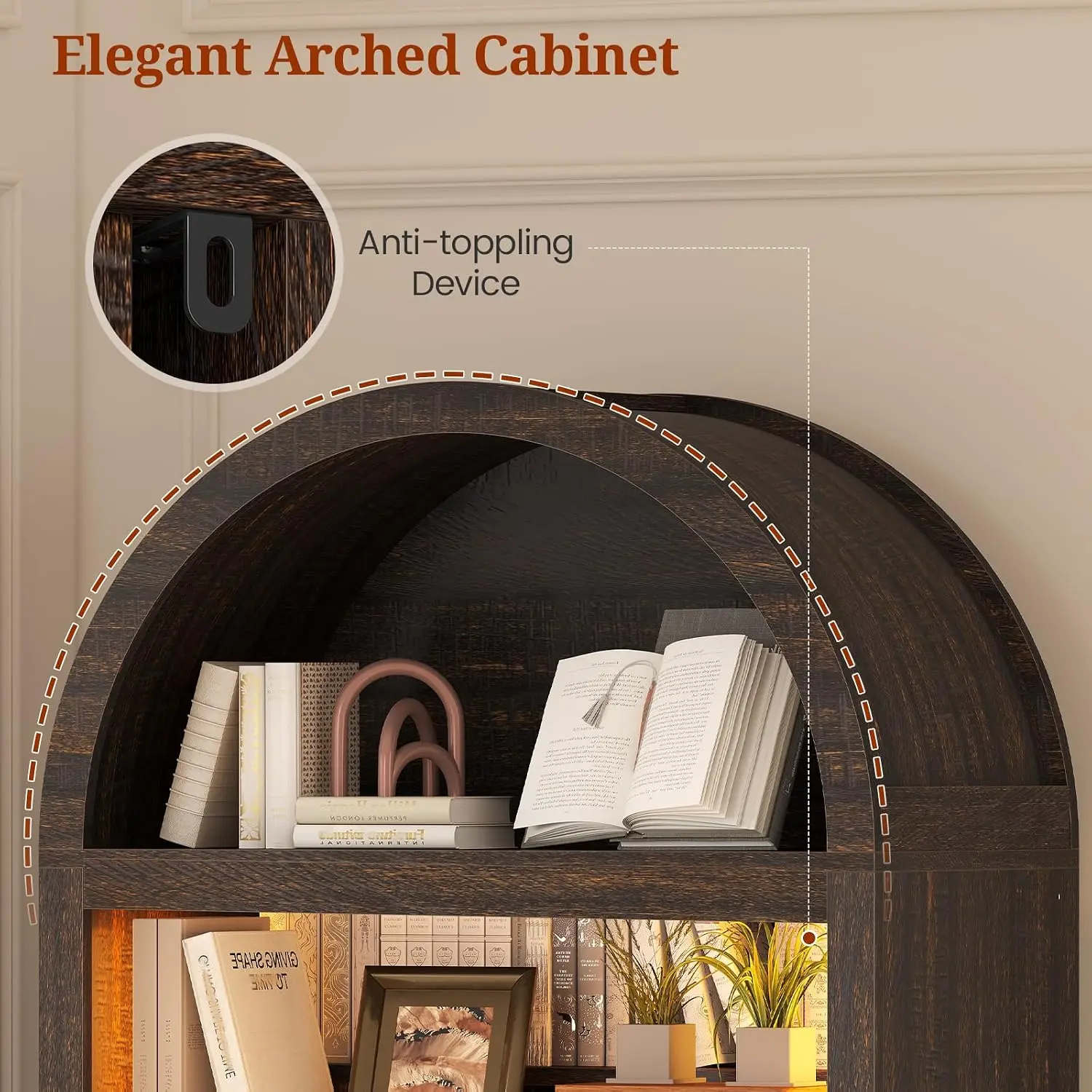 Arched Bookshelf 7-Tier with Storage RGB Light Adjustable Shelf 2 Risers for Living Room Kitchen Office Walnut, Customized