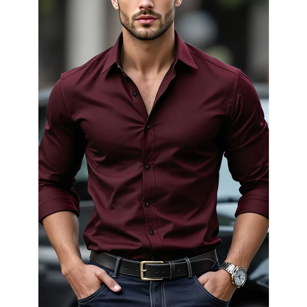 FGKKS Camicia casual da uomo nuova Camicia da uomo d'affari in tessuto elastico a maniche lunghe tinta unita moda di marca