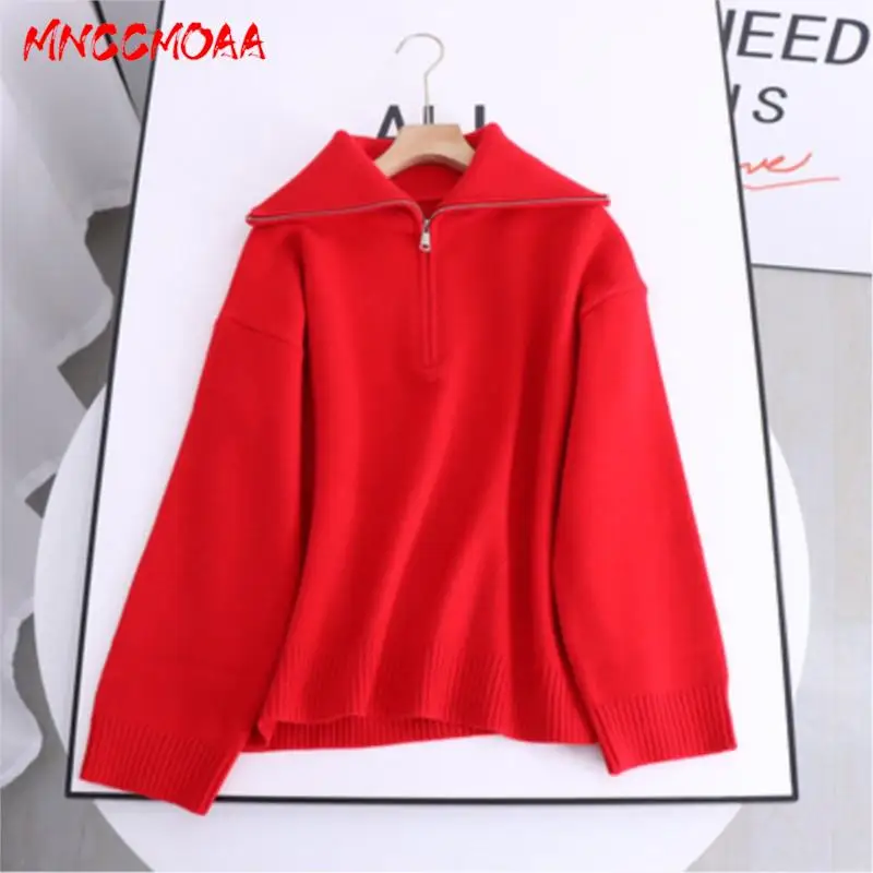 MNCCMOAA 2024 Autumn Winter Women Fashion Zipper Turtleneck Knitted Sweater Female Solid Color Casual Long Sleeve Tops Pullovers