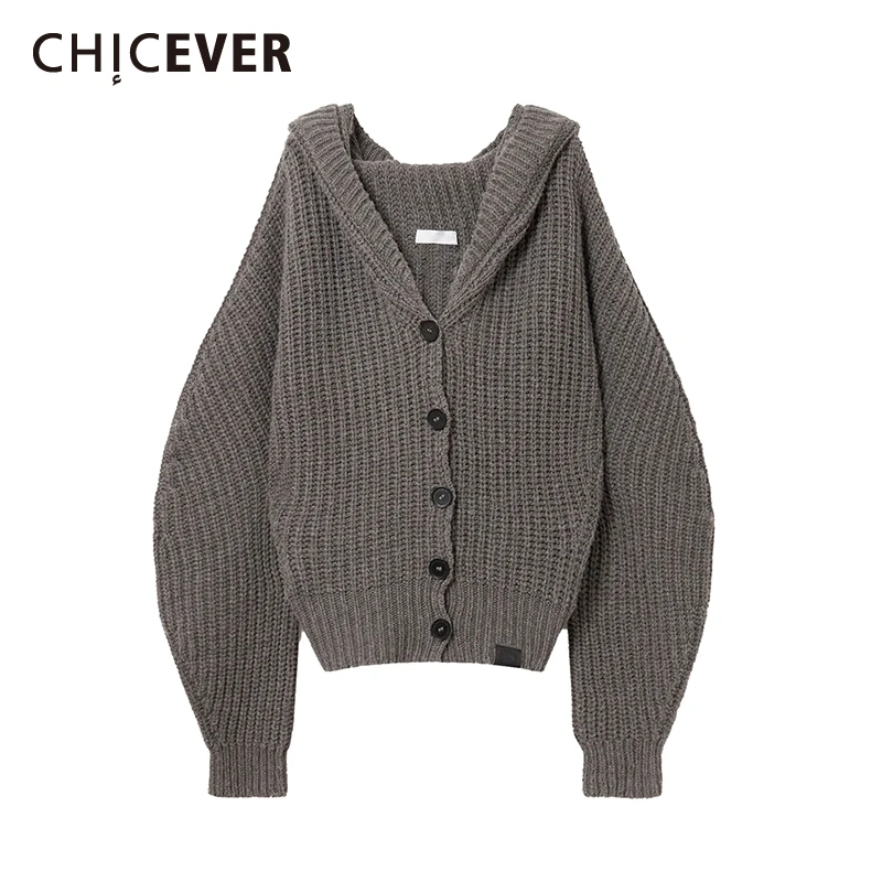 

CHICEVER Gray Spliced Single Breasted Sweater Female Hooded V Neck Long Sleeve Streetwear Women's Sweaters Autumn Fashion New