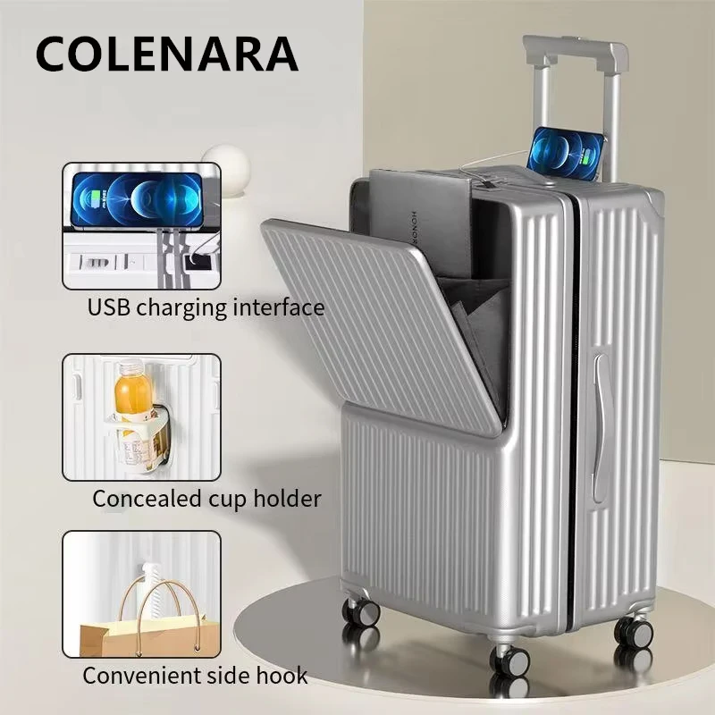 COLENARA USB Charging Suitcase Front Opening Laptop Cart Case Cart Style Travel Bag 24