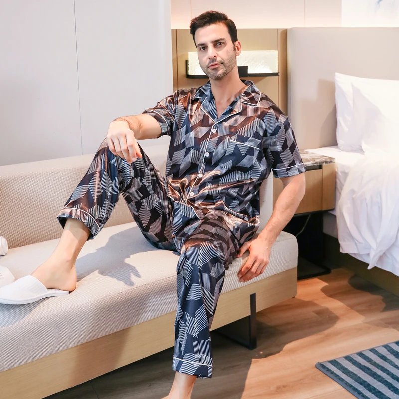 3-piece men\'s pajamas ice silk short sleeved shorts long pants thin line pattern sleepwear summer home clothing set