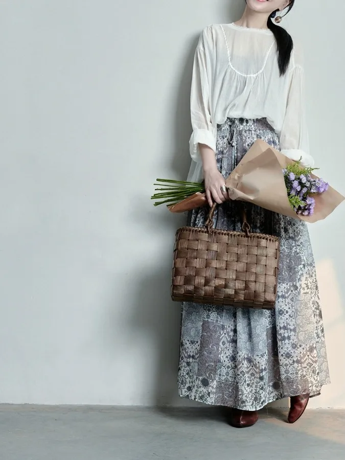 

Ele Original Design Linen Vintage Print Midi Skirt Women's Summer Commute High Waist A-Line Skirt Floral Pattern