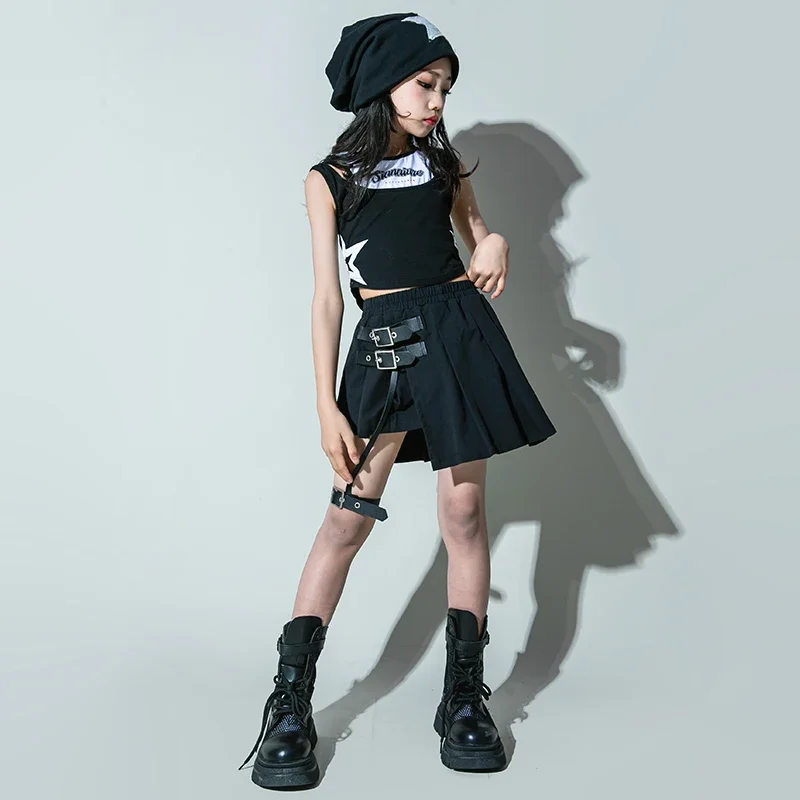 Children Hip Hop Dance Costume Catwalk Clothes for Girls Jazz Performance Outfit Teen Concert Festival Clothing Black Vest Skirt