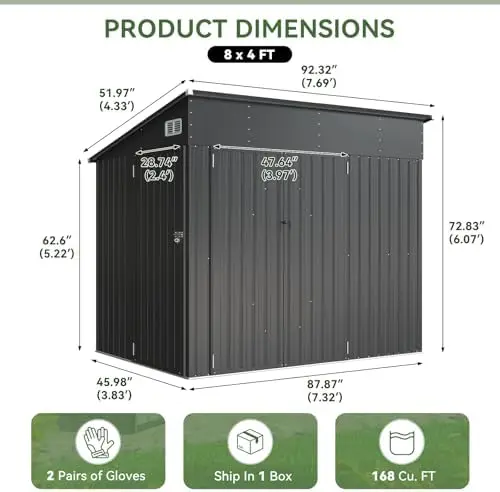 7.5'x4' Triple Door Shed Outdoor Storage Shed Black | Metal Storage Cabinet with Slopping Roof for Tools Bicycles