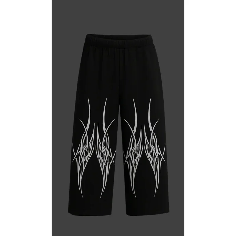 Trendy and Cool White Tattoo Line Totem Print Casual Large Loose Gothic Rock Style Street Fashion New Men's and Women's Pants