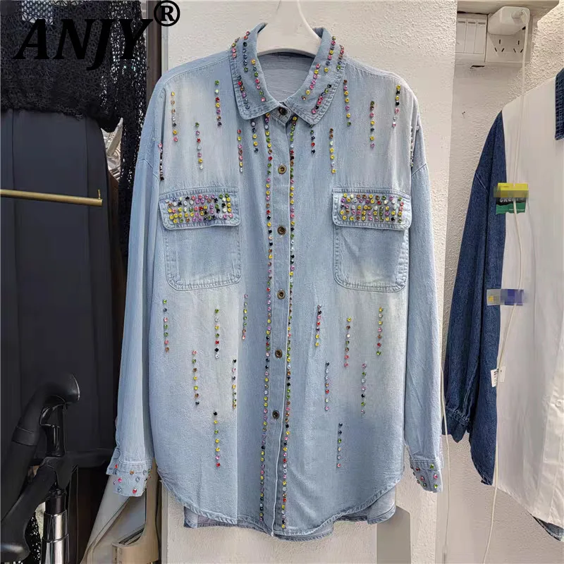 

ANJY Autumn New Women Casual Denim Shirt Beaded Studded Coloful Diamonds Single Breasted Pockets High Street Chic Y2K Tops A8777