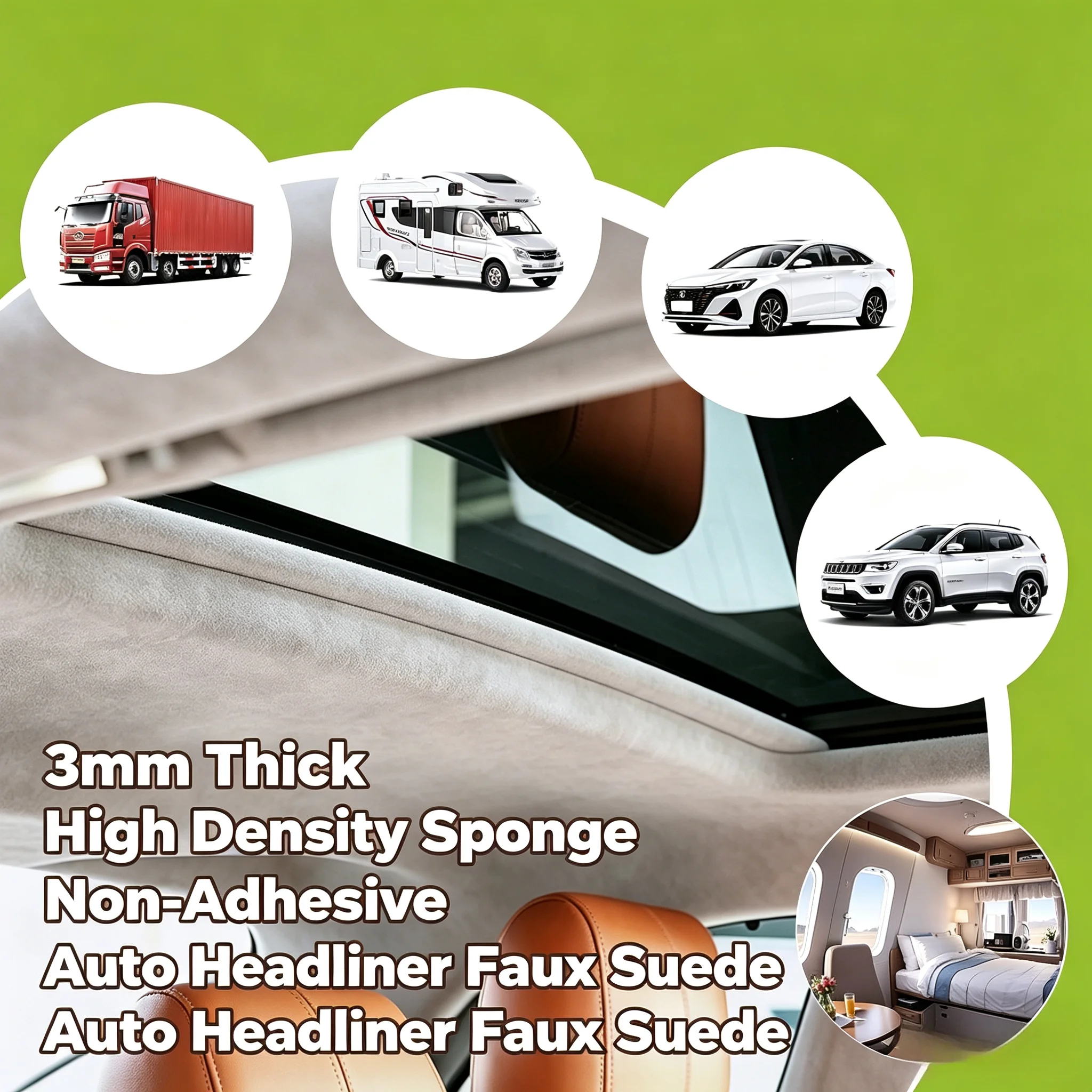 3mm Thick Suede Headliner Cloth 280x140cm with High Weight Foam Back Non-Adhesive Fabric for RV Car Sunroof Ceiling DIY Renovati