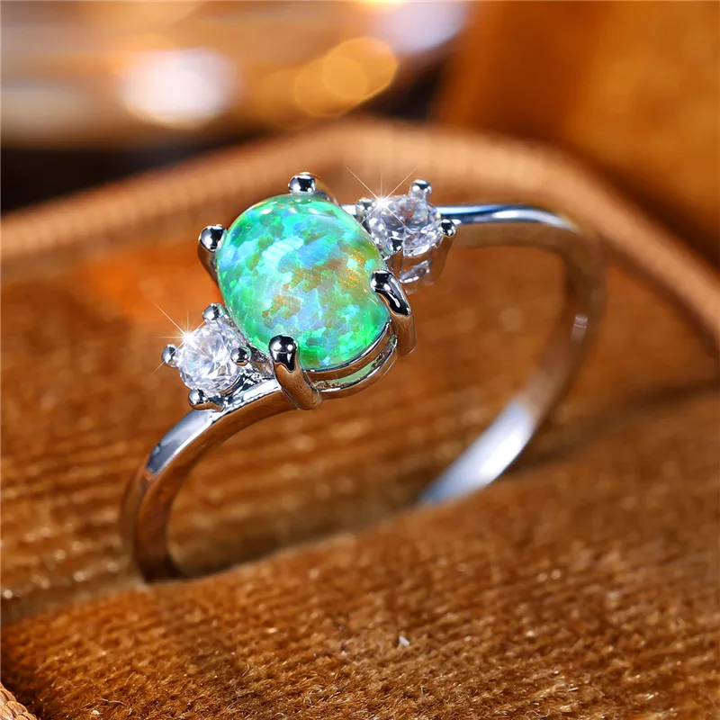 Cute Female Green Fire Opal Oval Stone Ring Fashion Silver Color Wedding Engagement Jewelry For Women