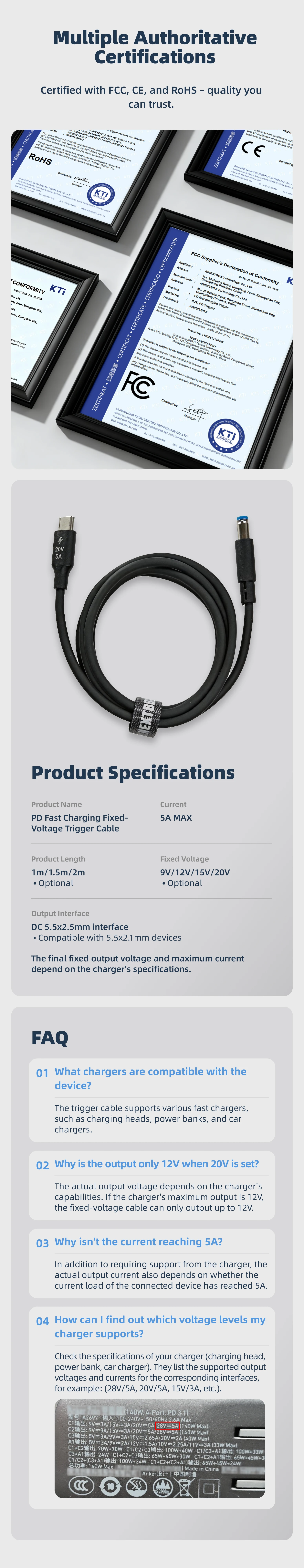 9-20V 5A 100W PD-Triggerkabel, Schnellladekabel mit Festspannung, Typ-C zu DC Stromkabel, Geeignet für Laptops / Router – Detail 4