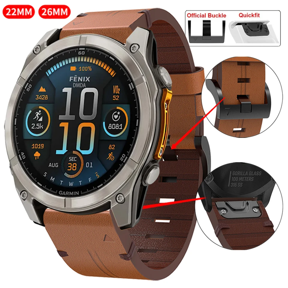 Genuine Leather QuickFit 26mm 22mm Bracelet For Garmin Quatix 8