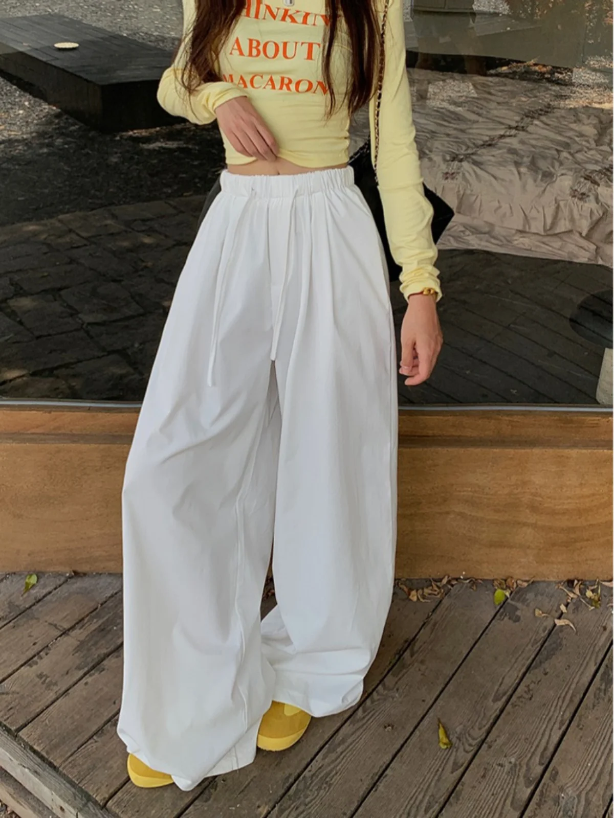 Wijde pijpen broek Vintage dames print Effen kleuren Dames zomer satijnen split Lichtgewicht trekkoorden Zoet zacht verstelbaar buiten