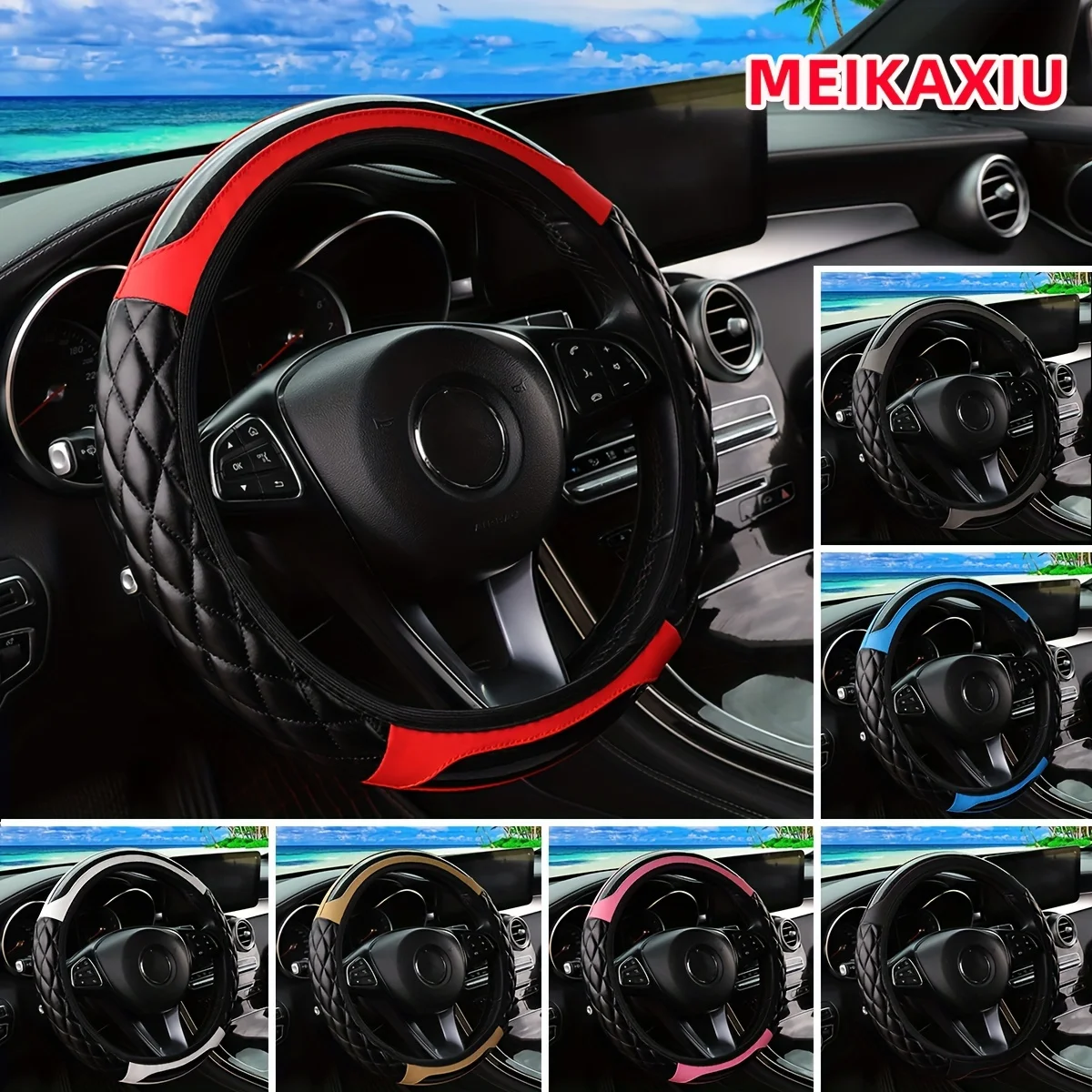 1 crystal carbon fiber embroidered leather automotive steering wheel cover without inner rim for 14.5-15 inchcar accessories