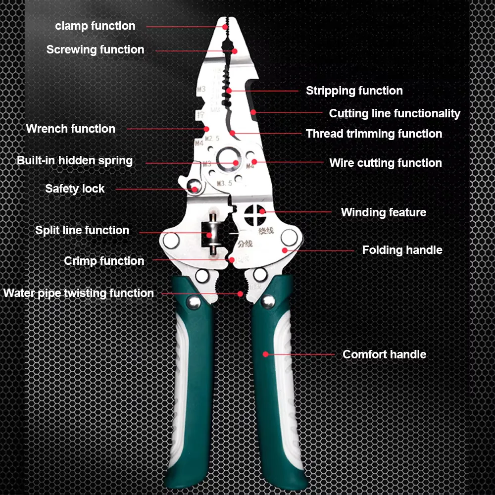 Multifunctional folding electrician wire stripping and cutting pliers, wiring pliers, wire splitting and crimping pliers