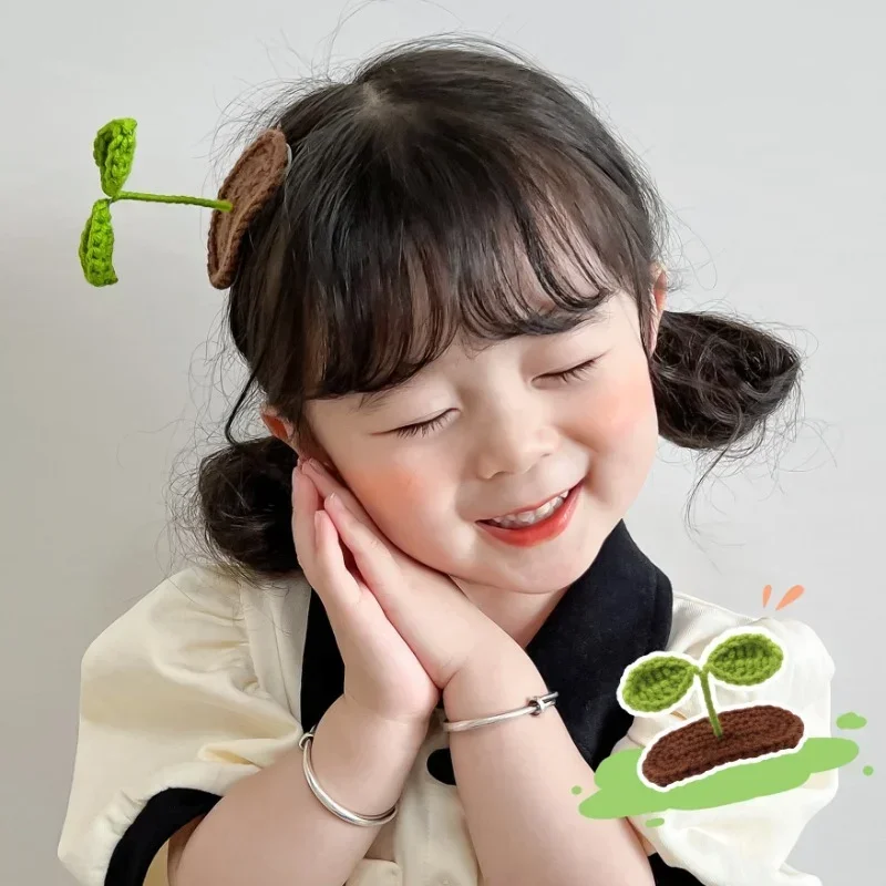 Wool Green Bean Sprout Hair Clips Funny Decorative Hair Clips Children Kawaii Hair Pins Handmade Knitting Girls Hair Decorations