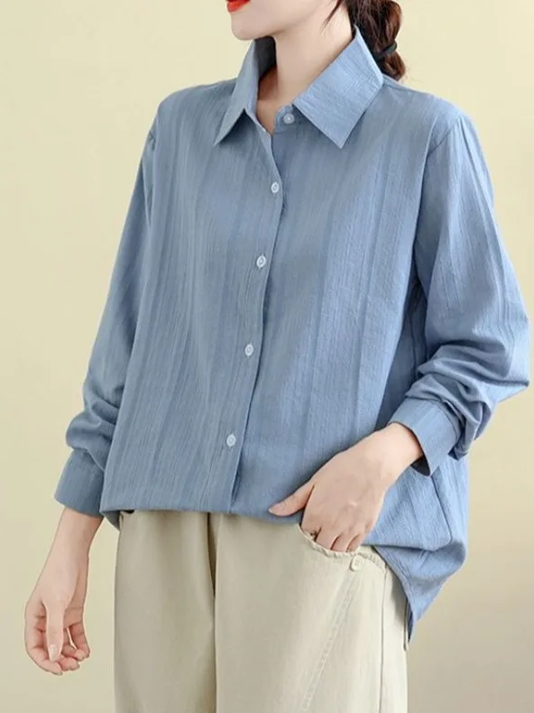 

Casual Long Sve Pure Color Embroidered irt Single Button Flip Collar Loose Fit Spring Open Cardigan for plus Size Women