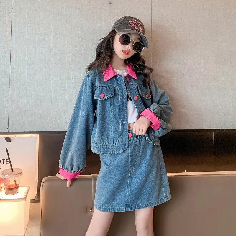 

Children Clothing Set Spring Autumn Girls Outfits Short Denim Coat Skirt 2pcs Kids Suit for Girl Splicing Design Retro Clothes