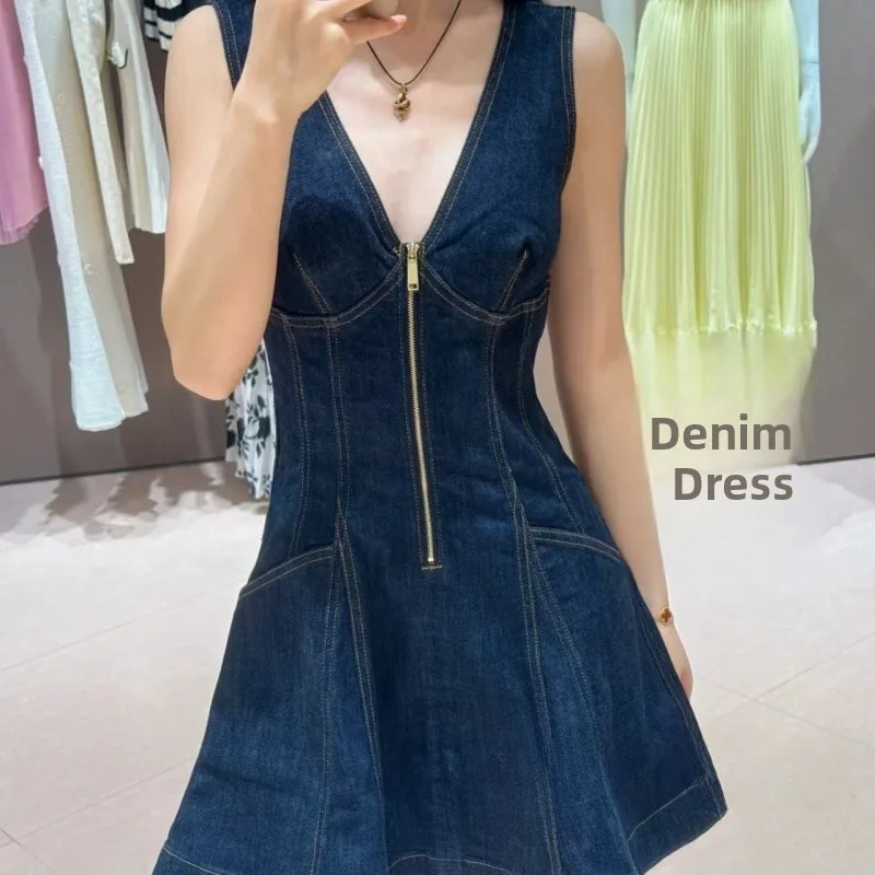 

Ele Summer New Retro Faion V-ne на молнии Slim Fit Svel Personali Denim Dr Commute Sle Regular Length Dr