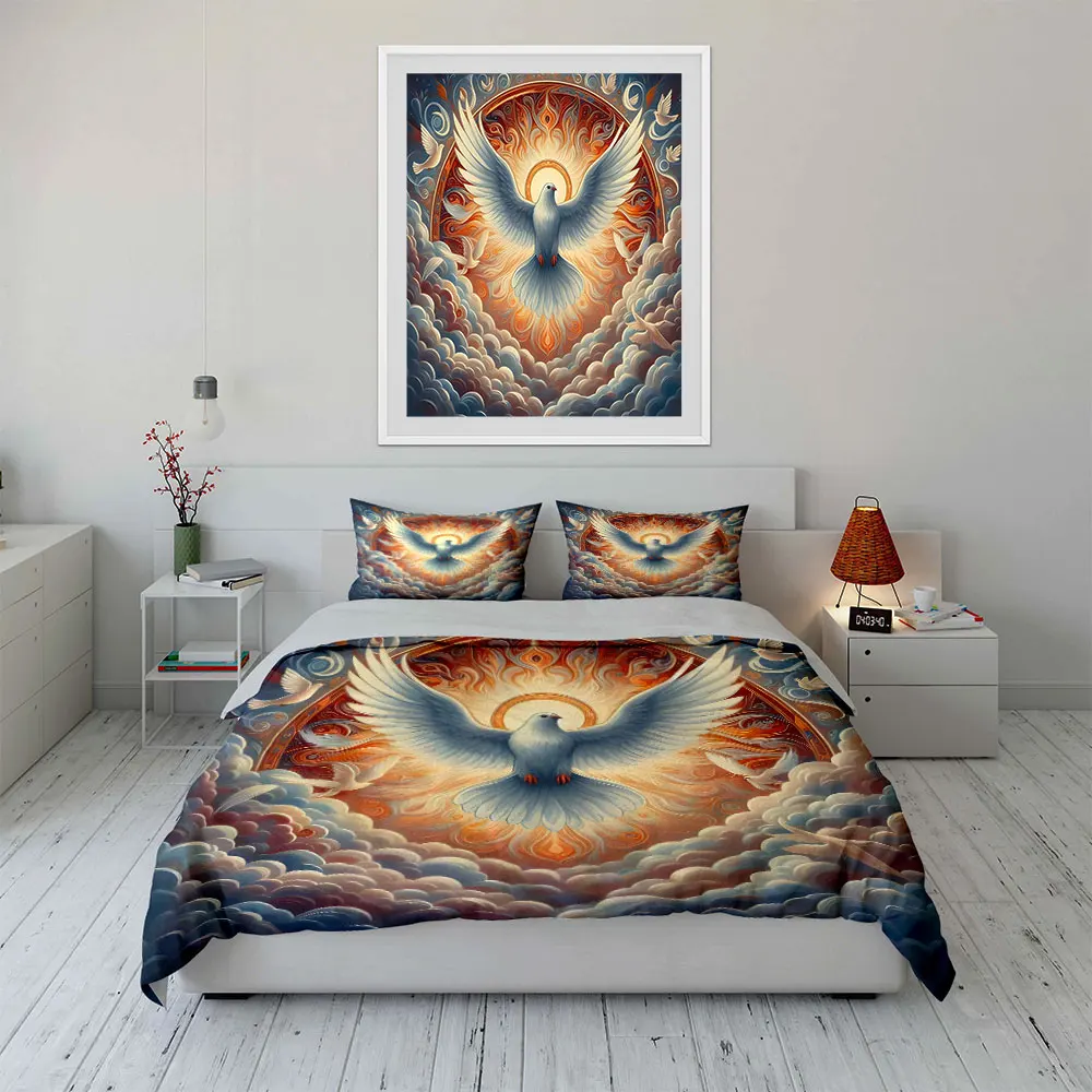 White dove soars, glowing clouds Print Soft Comfortable Duvet Cover Bedding Set Included 1*Duvet Cover  2*Pillowcases
