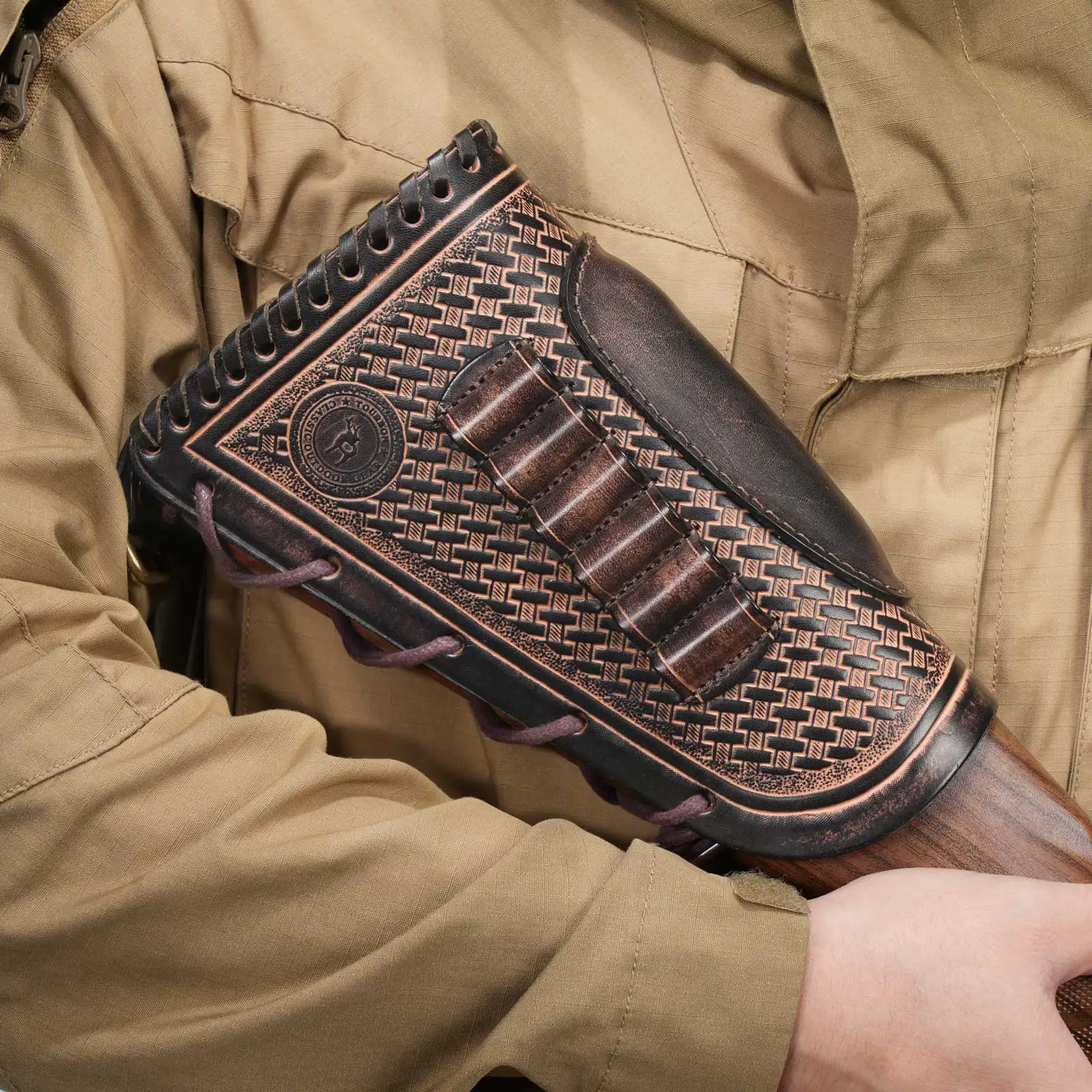 Tourbon Jagd-Leder-Gewehrschaftabdeckung, verstellbare Gewehrschaftauflage mit Munitionsschlaufen, passend für 30.06, 30.30, 308 usw. – Detail 14
