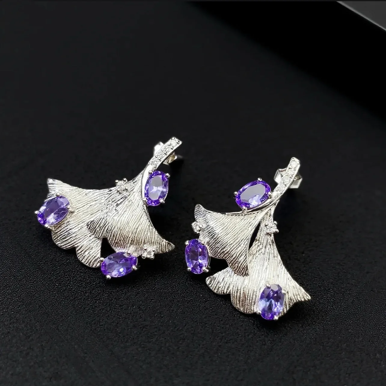 Natural Tanzanite Ginkgo Leaf Drop Earrings 4\*6mm Oval Stone S925 Silver Women Vintage Purple Gem Ear Jewelry
