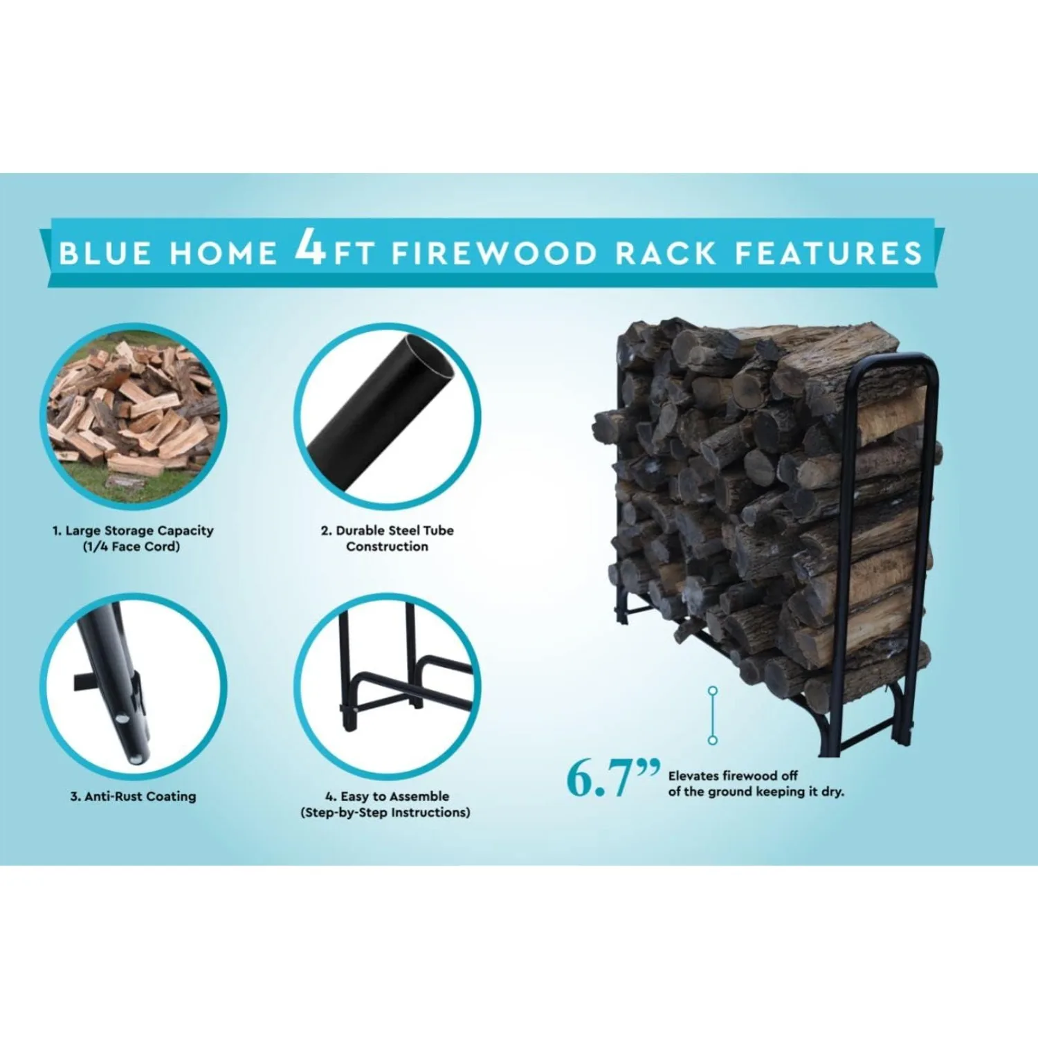 Indoor & Outdoor Firewood Rack with Waterproof Cover - Heavy Duty Log Storage and Carrier Combo - Easy to Assemble (4ft)