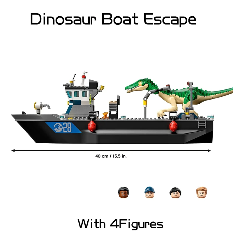 308pcs Jurassic Baryonyx Dinosaur Boat Escape Building Blocks Dino Park Ship Transport T-Rex Bricks Toys For Boys Children Gifts