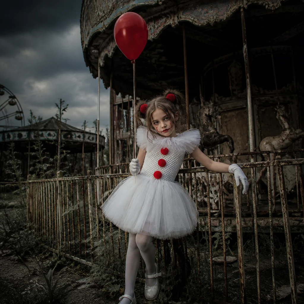 2026 Grey Clown Halloween Costume for Girls Kids Children Carnival Party Role Playing Dress Joker Weird Outfit 2-8Y Vestido