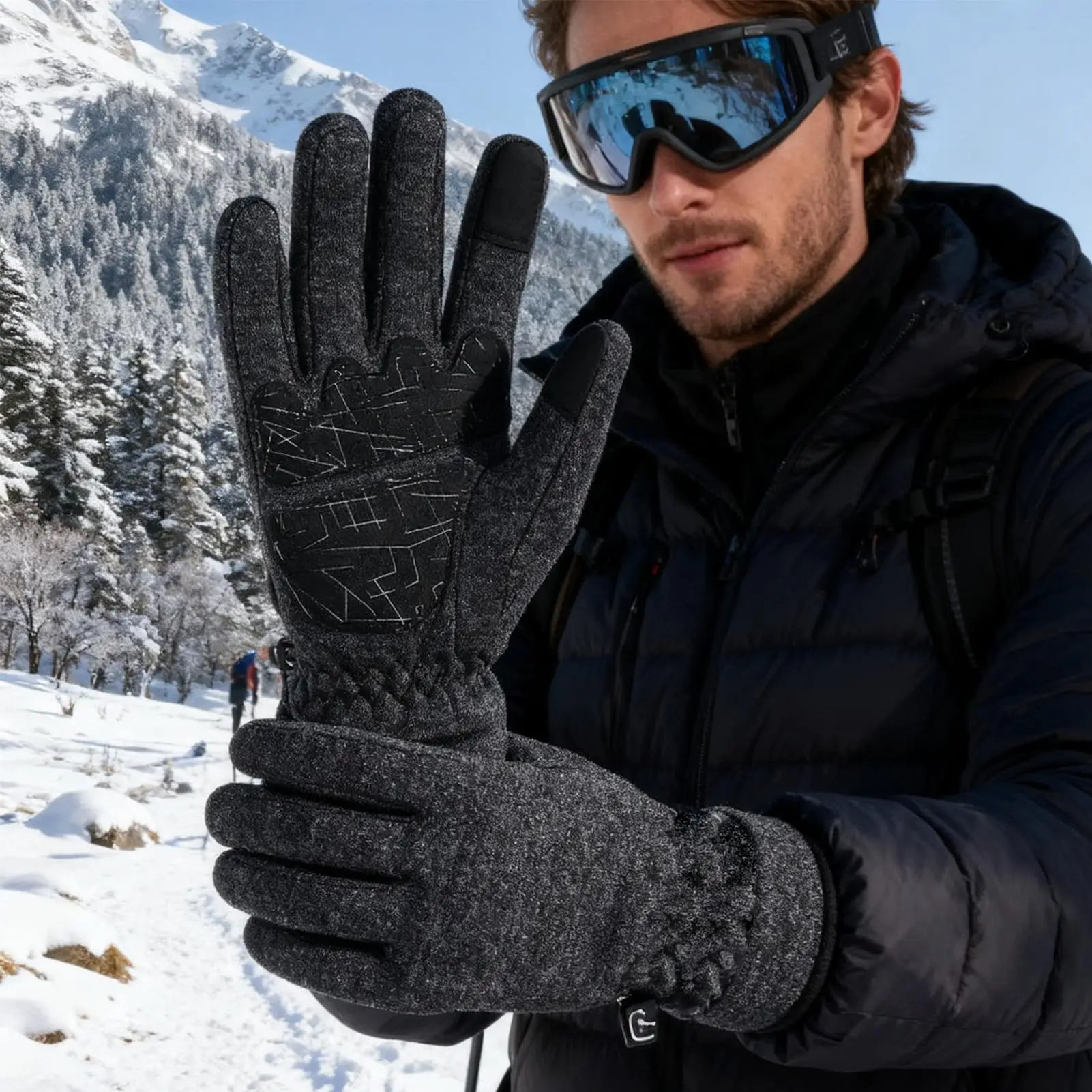 قفازات للطقس البارد مبطنة بالصوف عدم الانزلاق النخيل في الهواء الطلق شتاء دافئ لمس قفازات للرجال النساء تشغيل الدراجات القيادة #4