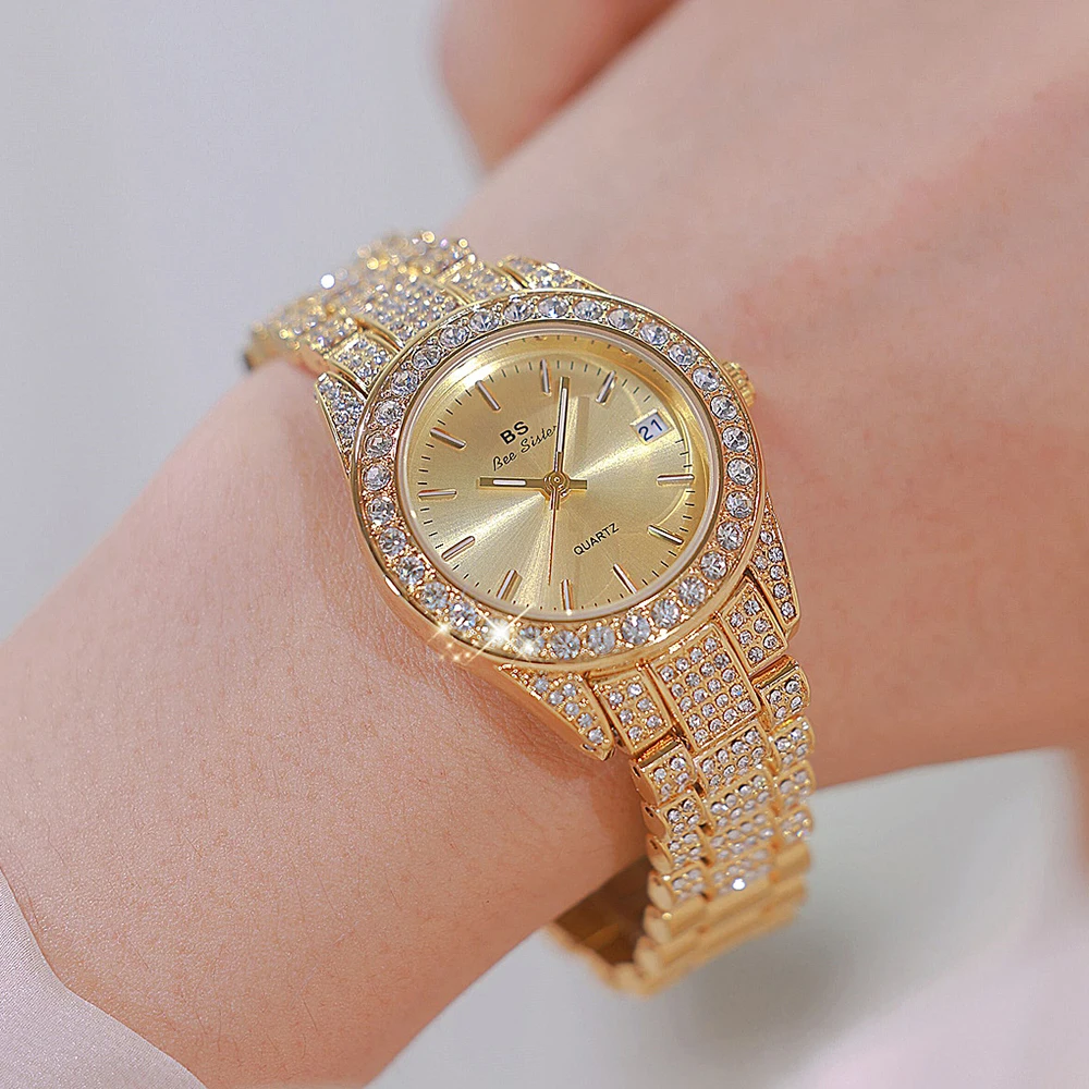 BS Original Brand Watch For Women Diamond Luxury Watch Stainless Steel Quartz Watches Ladies Fashion Gold Rhinestone Wristwatch