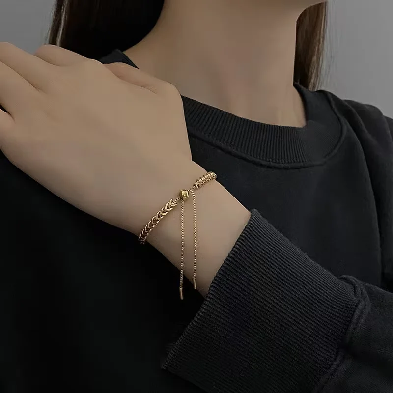 Exquisite Adjustable Slide Knot Bracelet Gold Color Stainless Steel Weaving Wheat Ears Pull for Women Simple Bangle Jewelry Gift