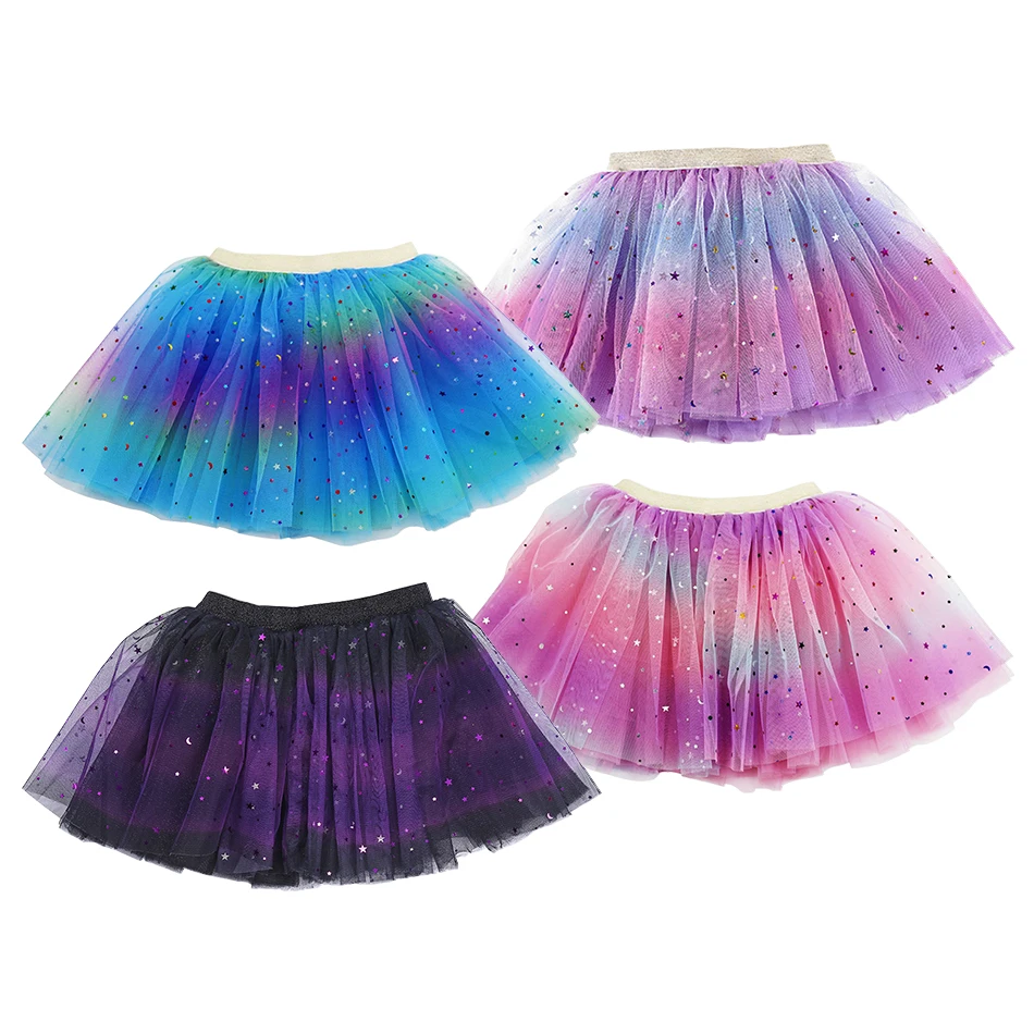 Shimmering Kids Five-pointed Stars Rainbow Color Block Mesh Tutu Casual Skirts Suitable Princess State Performances and Parties