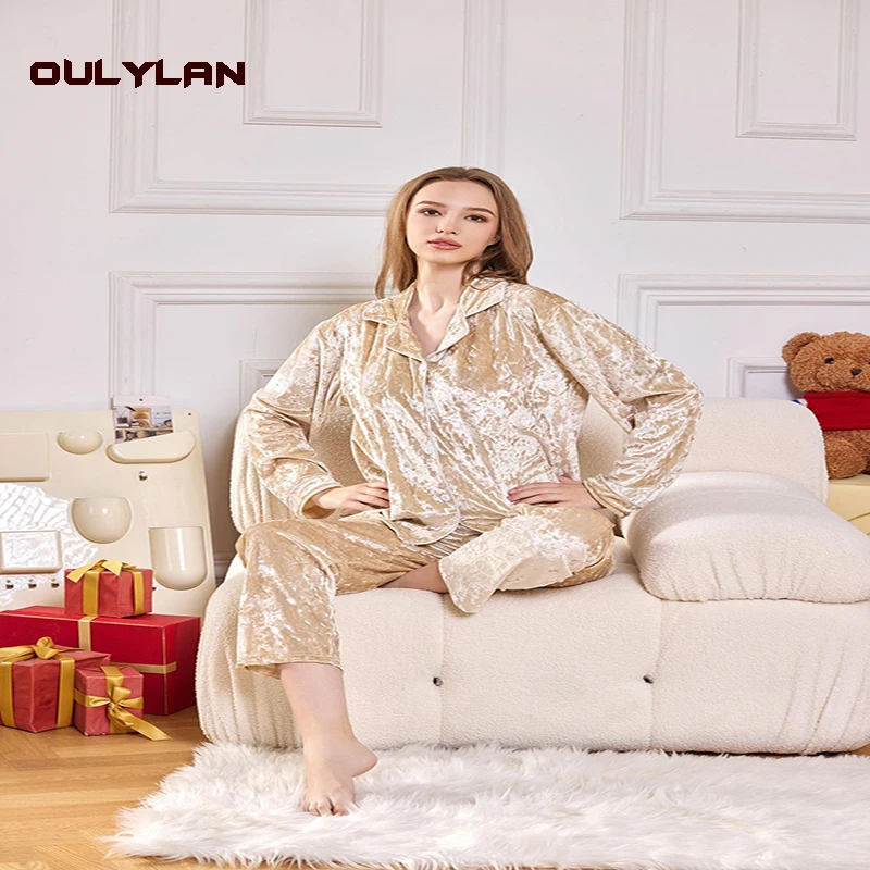 2024 Autumn and winter new gold diamond velvet pajamas long sleeve trousers two-piece warm and thick velvet home suit women