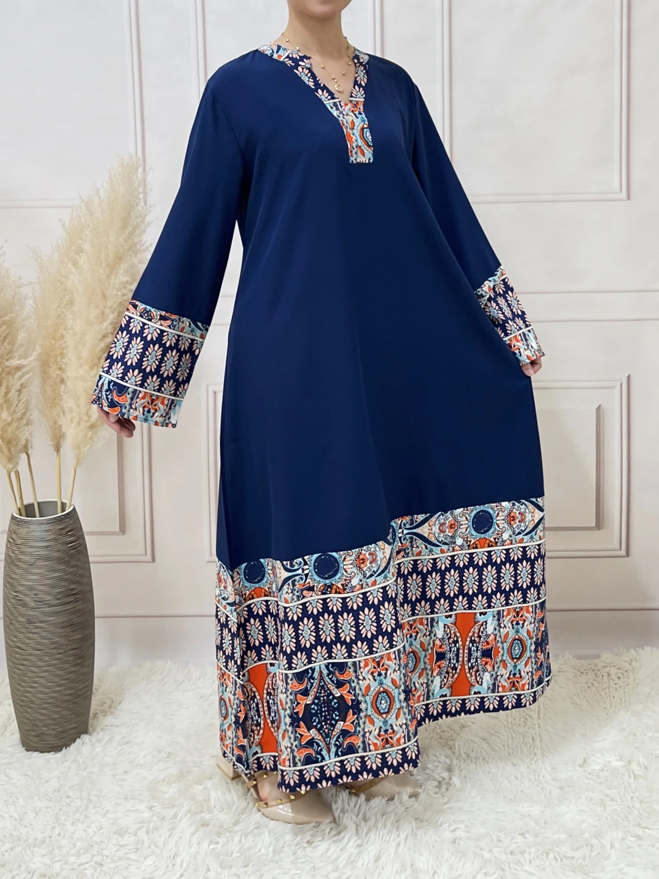 Ethnic Pattern Long Sleeve Dress V Neck Casual Holiday Wear