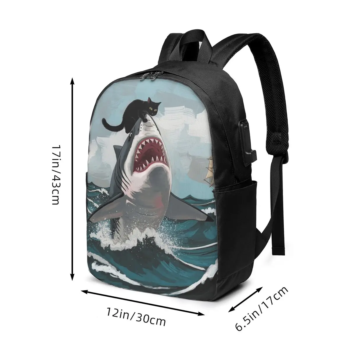 Funny Black Cat And Shark Backpack Travel Notebook Bag Computer College Student School Bag Laptop Shoulder Bags for Men Women