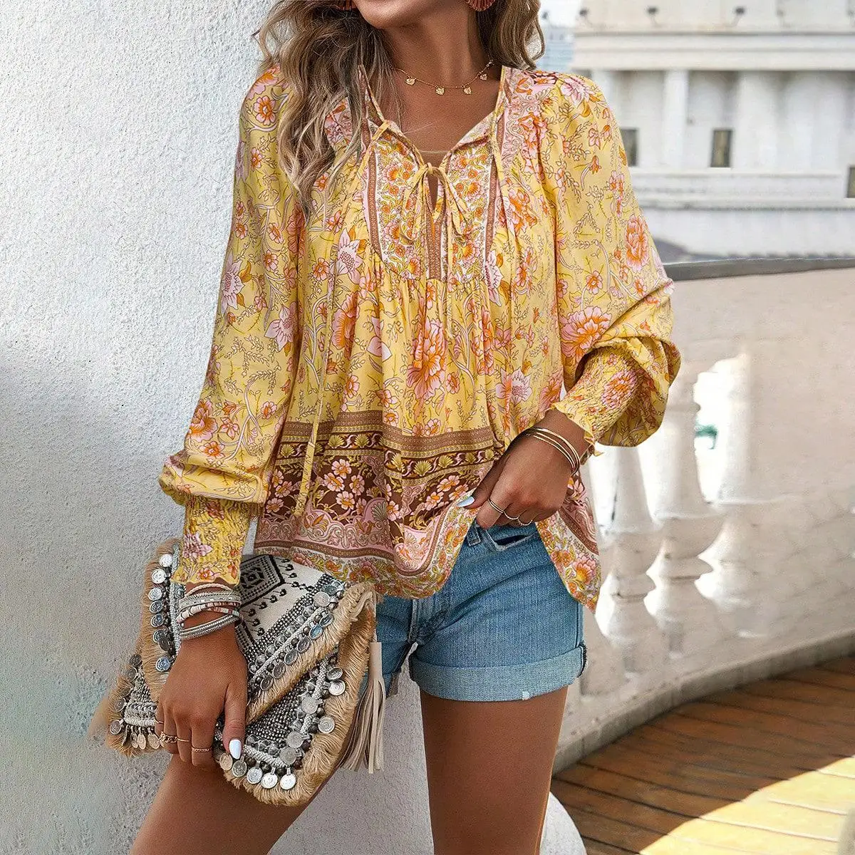 

Women's Cotton Printed Lace up Long Sved irt Casual Sle Full Sve Casual Faion Spring Season 00% Cotton