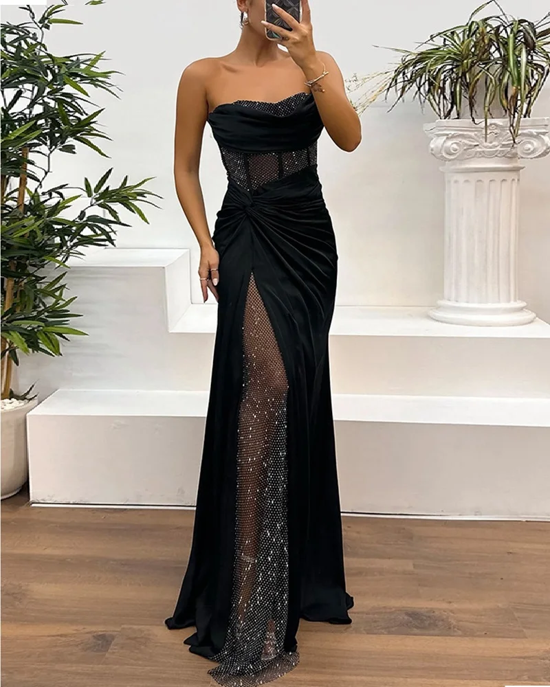 

Satin Tube Dress Elegant Patchwork Maxi Gown Stylish Wrap Bust Evening Dress Women's Sexy Split Hem Partywear Maxi Dress
